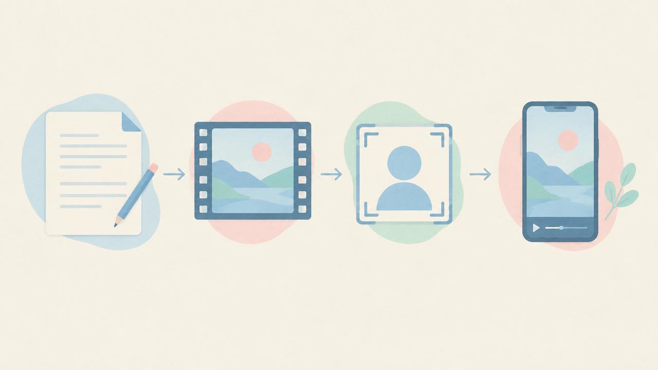 Flujo típico de un anuncio con IA: guion, escena generada, presentador virtual y adaptación al formato móvil.